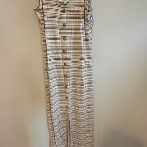 LOFT Striped Button-Front Jumpsuit in Cream, Brown and Green